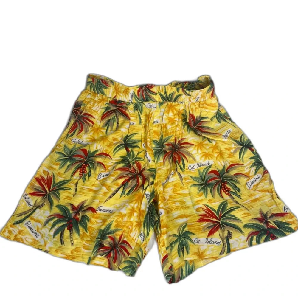 Liz Sport‎ VTG Pull On Yellow Tropical Cat Island Shorts Pockets Sz Small